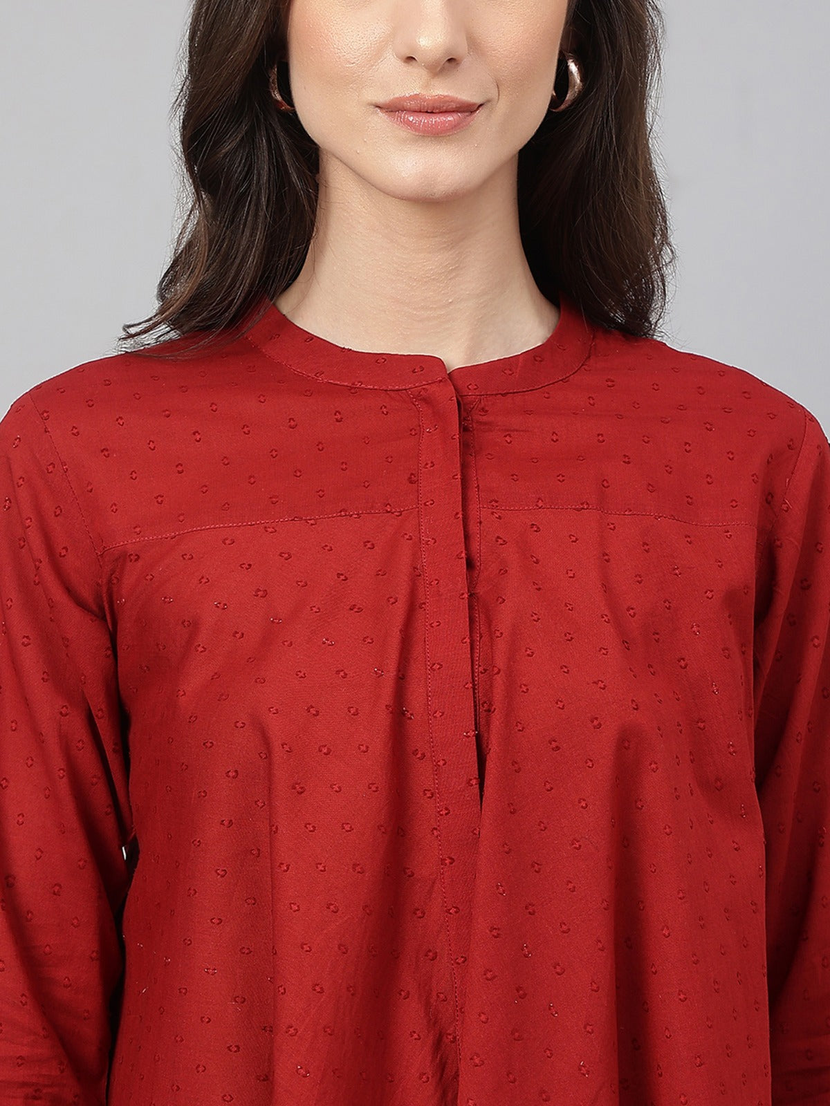 Women's Maroon Dobby Cotton Solid A-Line Tunic