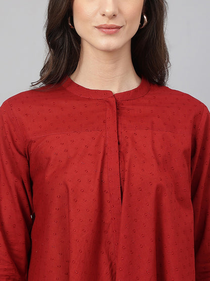 Women's Maroon Dobby Cotton Solid A-Line Tunic