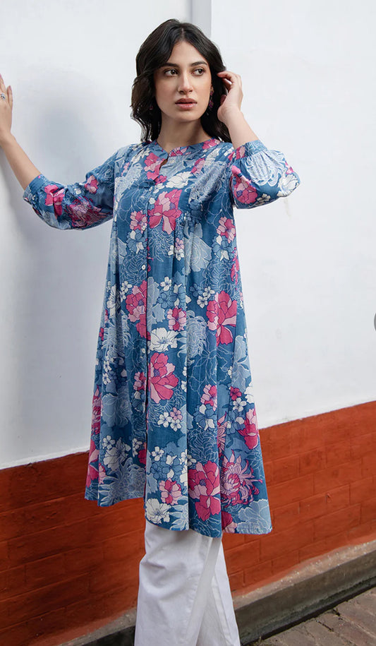 Blue Cotton Floral A-Line Tunic