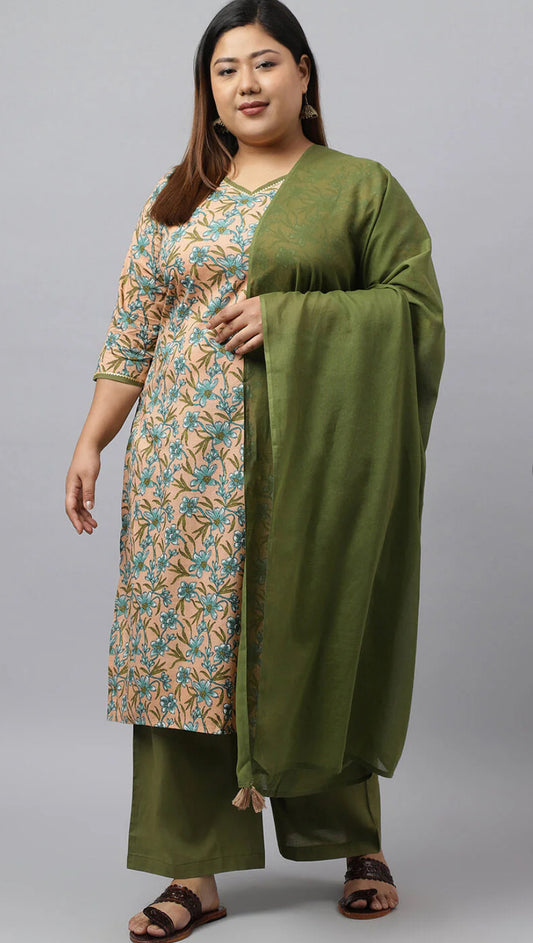 Women's Plus Size Peach Cotton Kurta With Palazzo and Dupatta