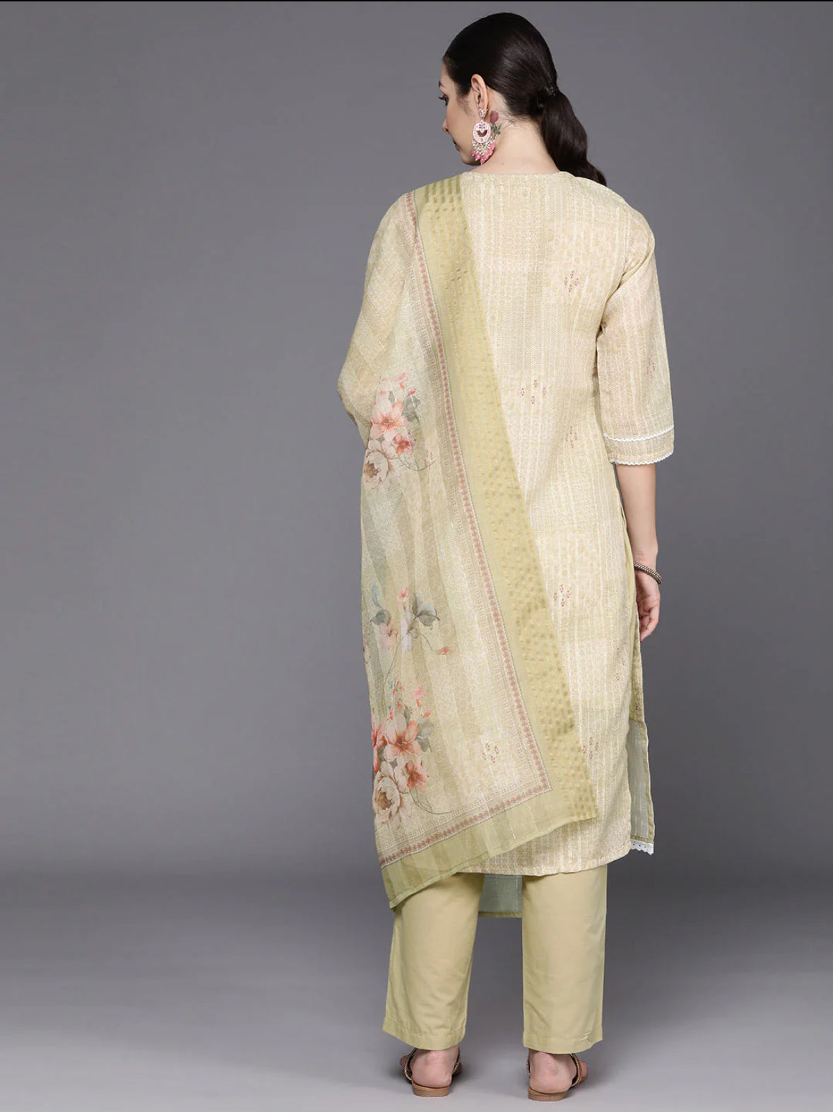 Cream Floral Embroidered Regular Thread Work Linen Kurta with Trousers & Dupatta