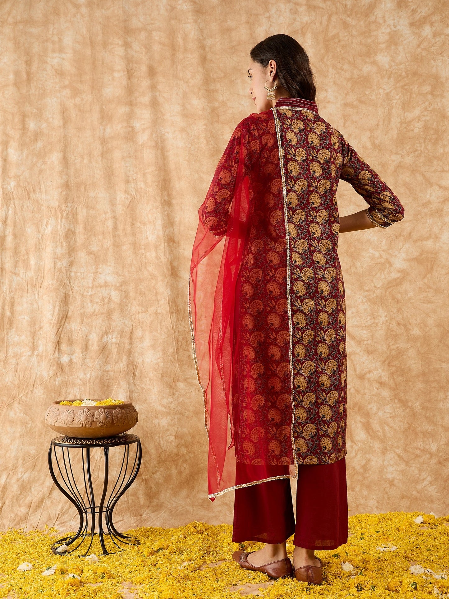 Maroon Printed Straight Kurta Palazzo With Dupatta Set