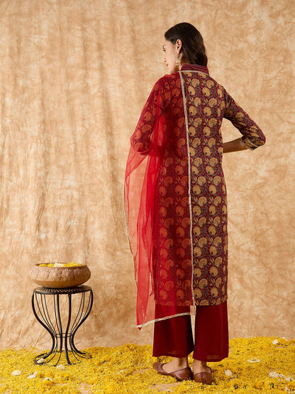 Maroon Printed Straight Kurta Palazzo With Dupatta Set