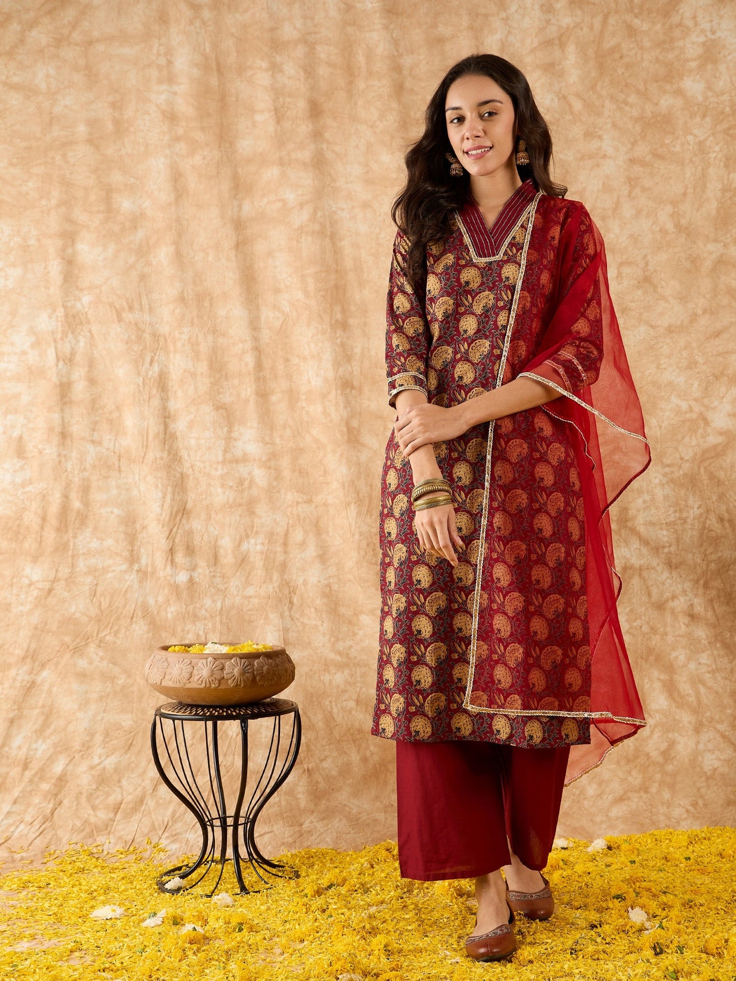 Maroon Printed Straight Kurta Palazzo With Dupatta Set