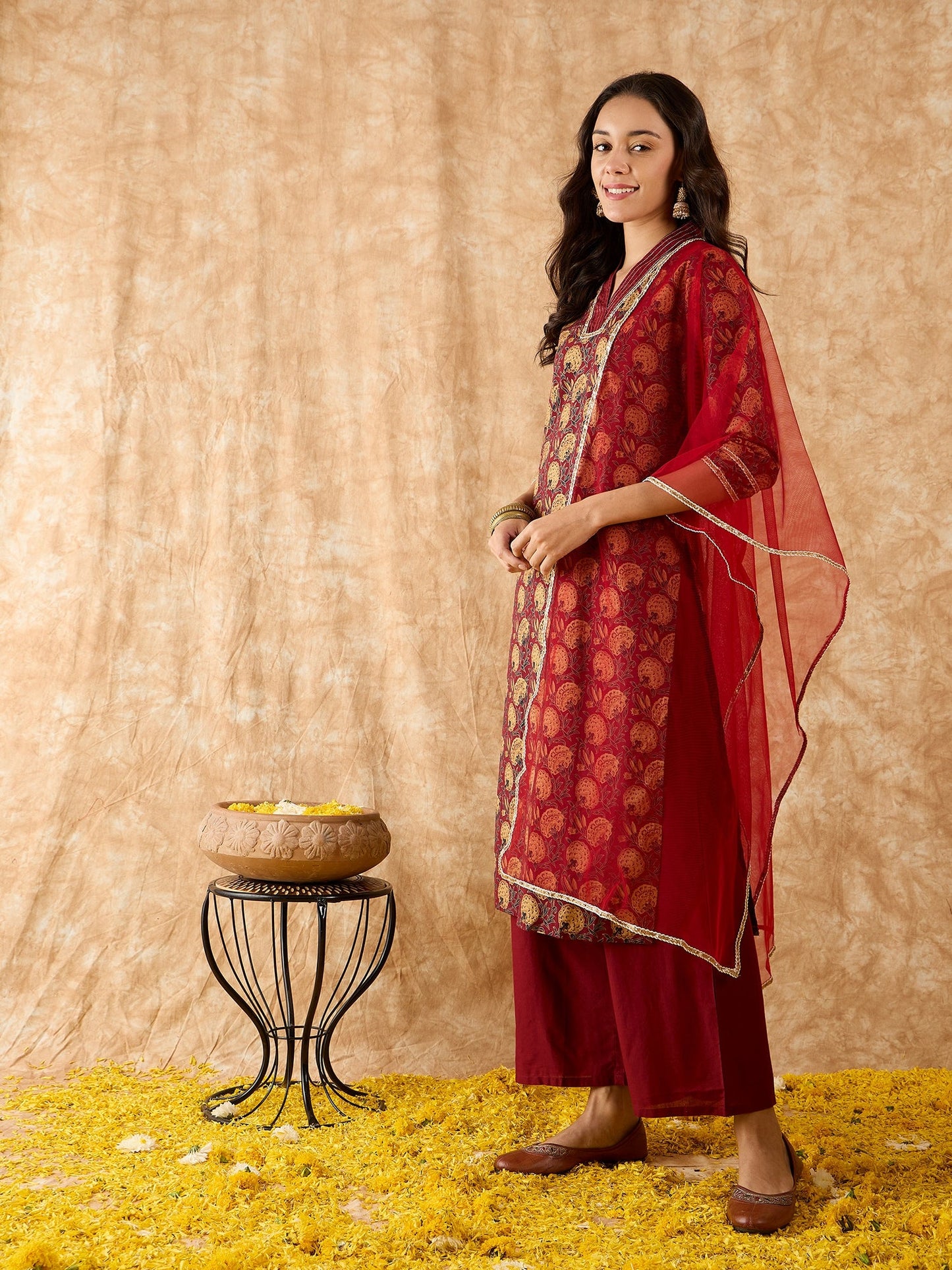 Maroon Printed Straight Kurta Palazzo With Dupatta Set