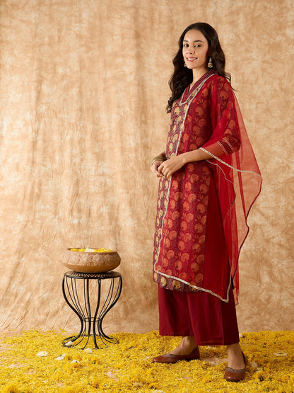 Maroon Printed Straight Kurta Palazzo With Dupatta Set