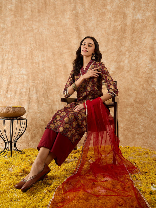 Maroon Printed Straight Kurta Palazzo With Dupatta Set