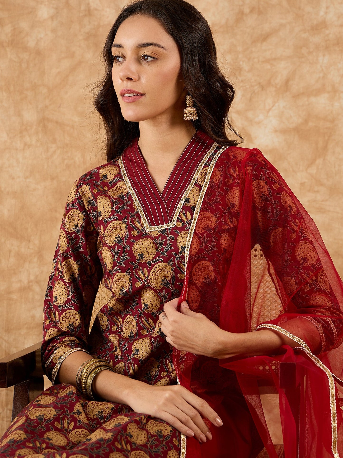 Maroon Printed Straight Kurta Palazzo With Dupatta Set