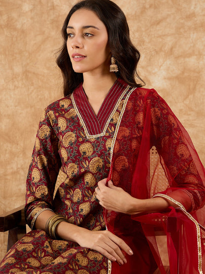 Maroon Printed Straight Kurta Palazzo With Dupatta Set