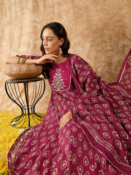 Indo Era Maroon Embroidered A-line Kurta Trouser With Dupatta Set