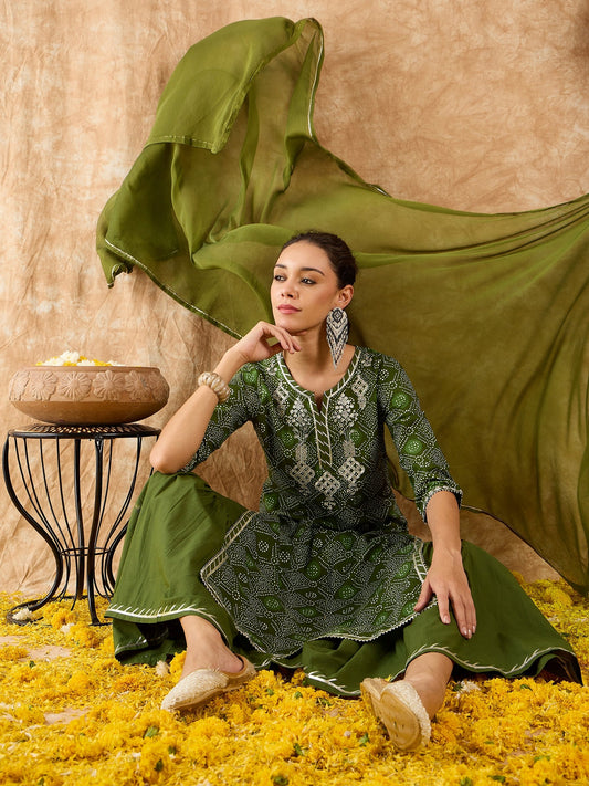 Indo Era Green Printed Straight Kurta Sharara With Dupatta Set