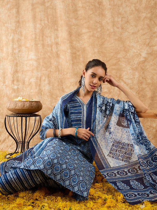 Indo Era Blue Printed A-line Kurta Trouser With Dupatta Set