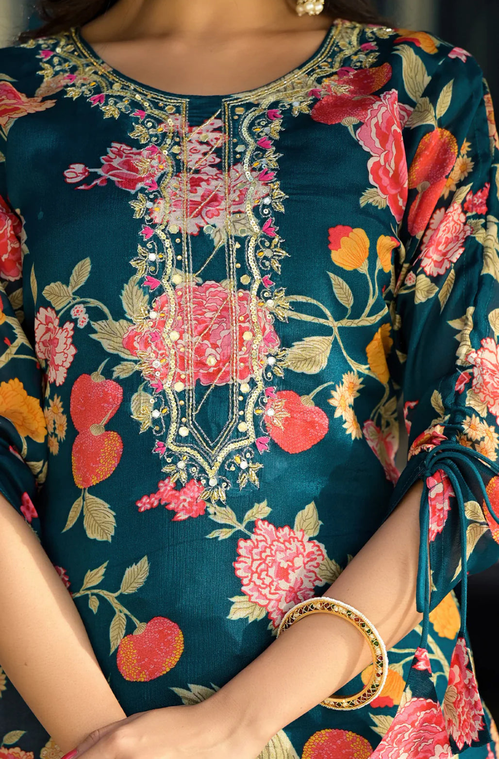 Teal Blue Viscose Chinnon Embellished Kurta with Balloon Pant and Dupatta