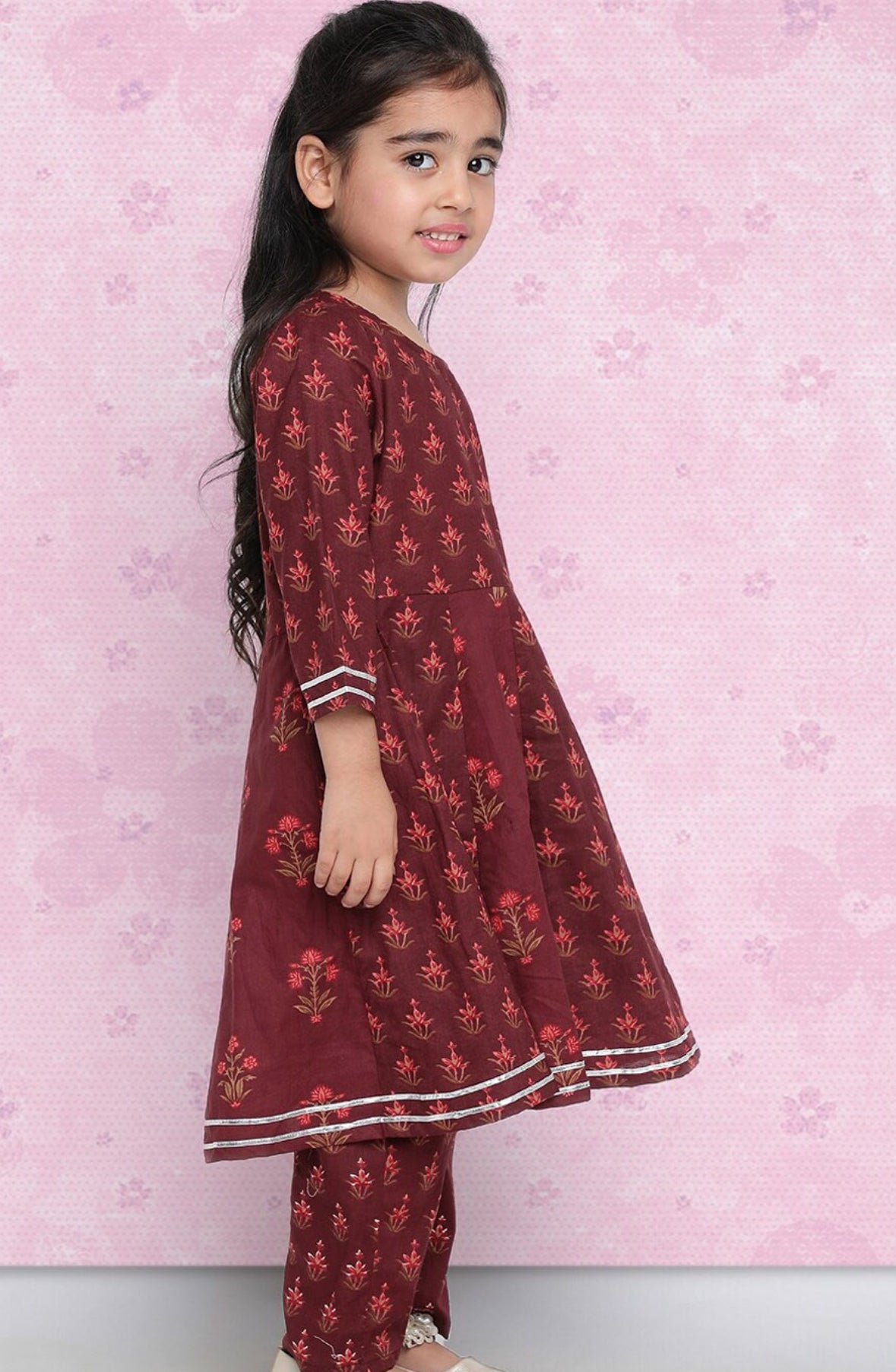 Girls Maroon Ethnic Motifs Printed Regular Kurta With Trousers Indo-Silae