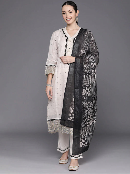 Cream Floral Embroidered Regular Thread Work Linen Kurta with Trousers & Dupatta Indo-Silae