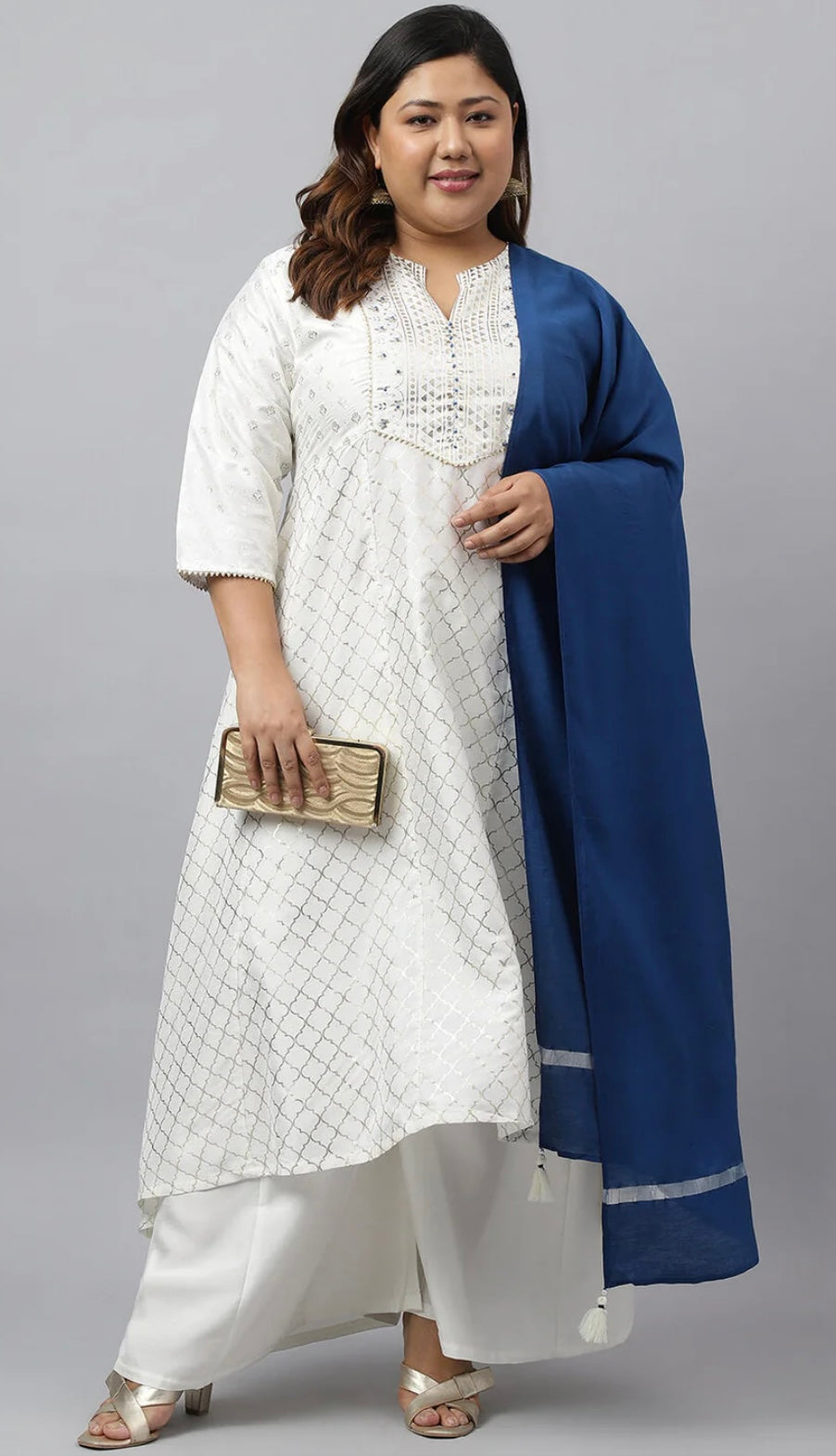 Women's Plus Size Off- White Poly Silk Kurta With Palazzo and Dupatta