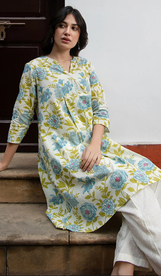 Off White Cotton Floral Regular Tunic