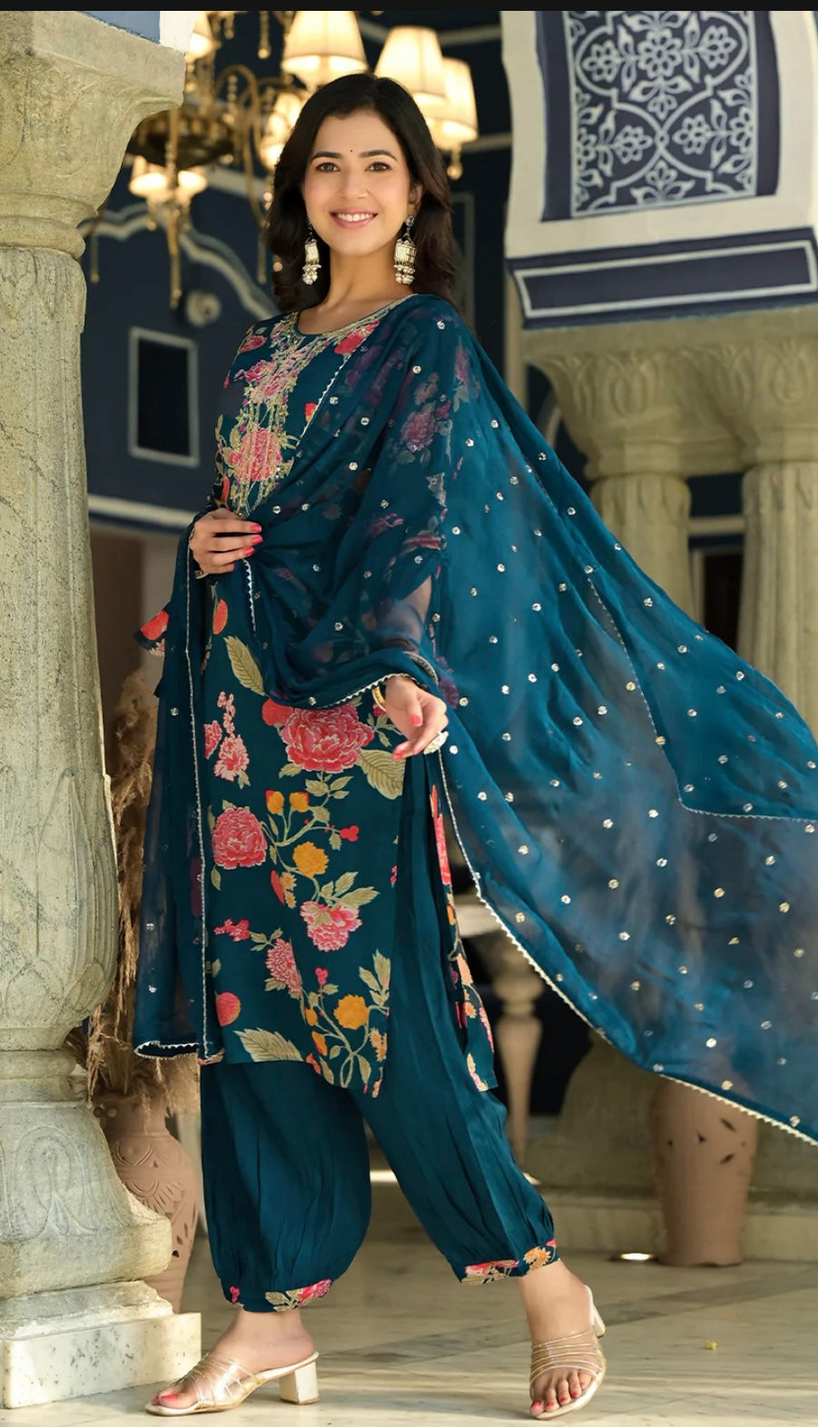 Teal Blue Viscose Chinnon Embellished Kurta with Balloon Pant and Dupatta