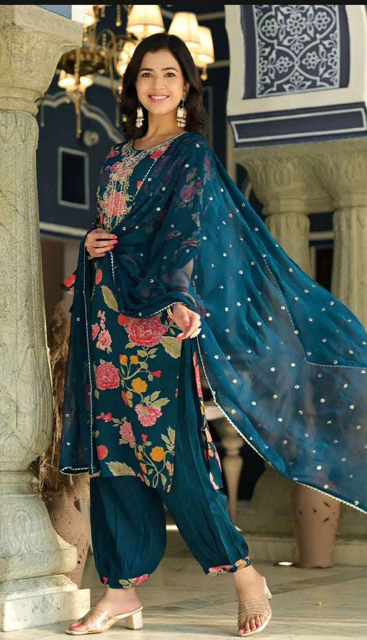 Teal Blue Viscose Chinnon Embellished Kurta with Balloon Pant and Dupatta