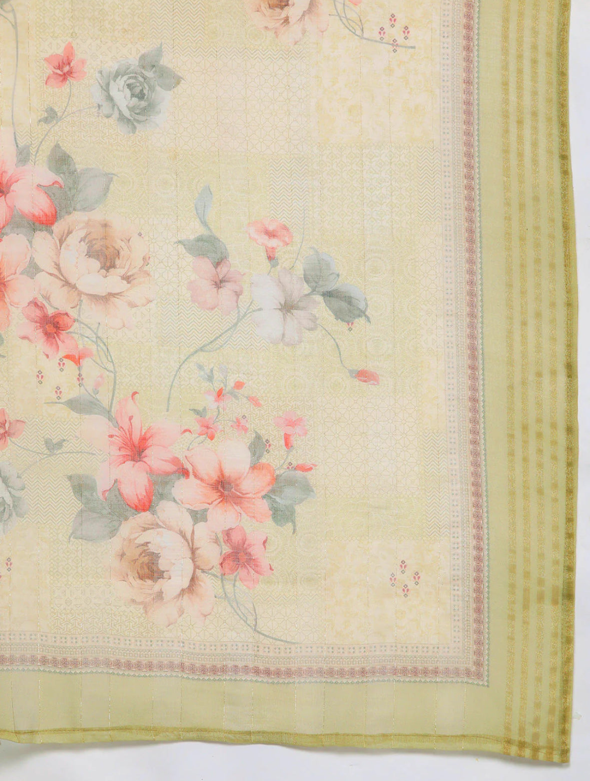 Cream Floral Embroidered Regular Thread Work Linen Kurta with Trousers & Dupatta