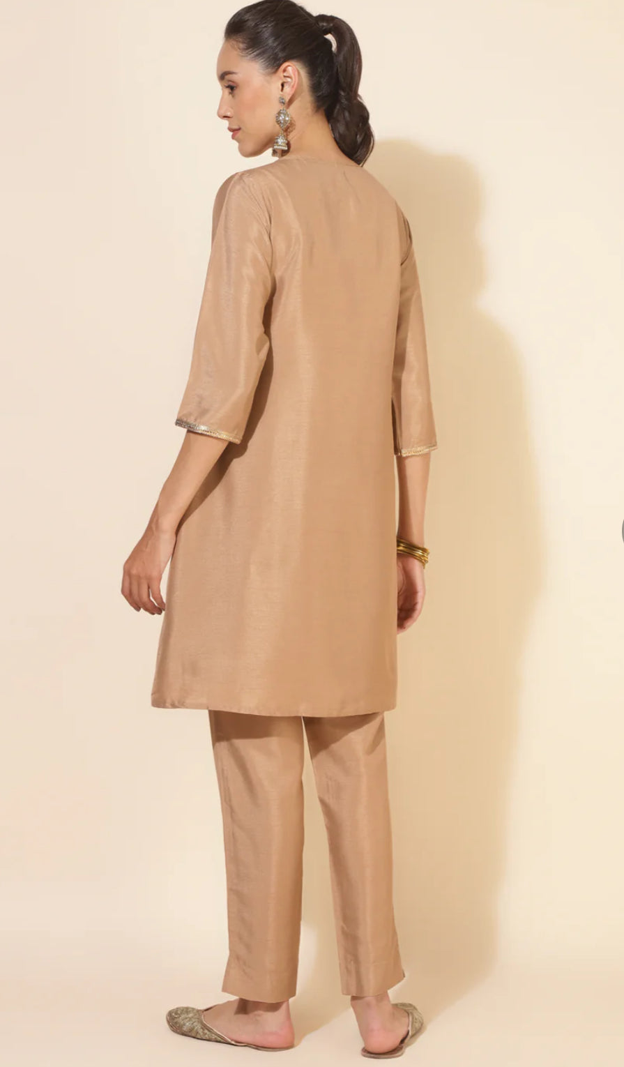 Beige Crepe Embrodiery Jacket Style Kurta with Pant and Jacket
