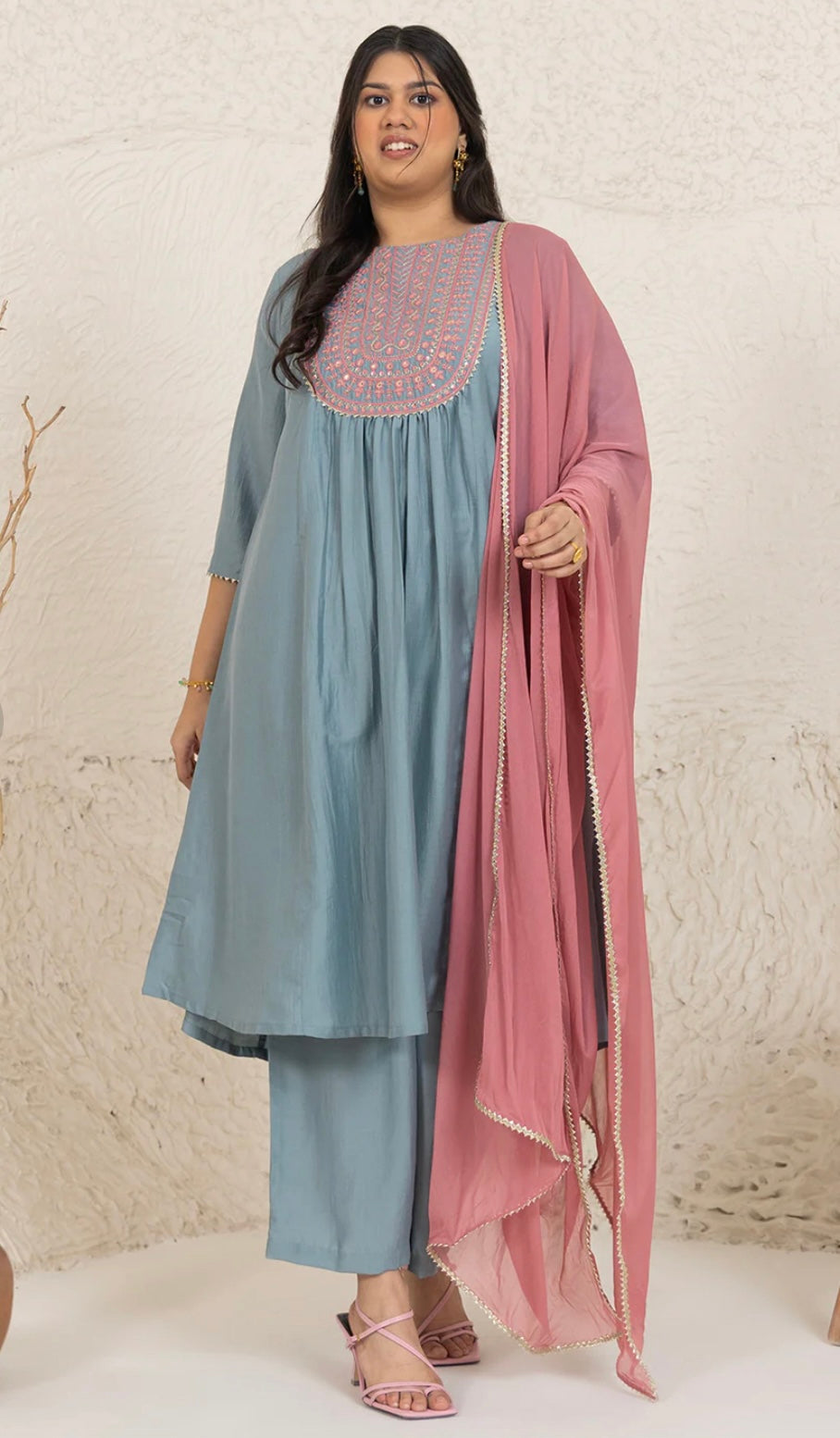 Light Blue Chinnon Yoke Embroidery Panelled Kurta Set