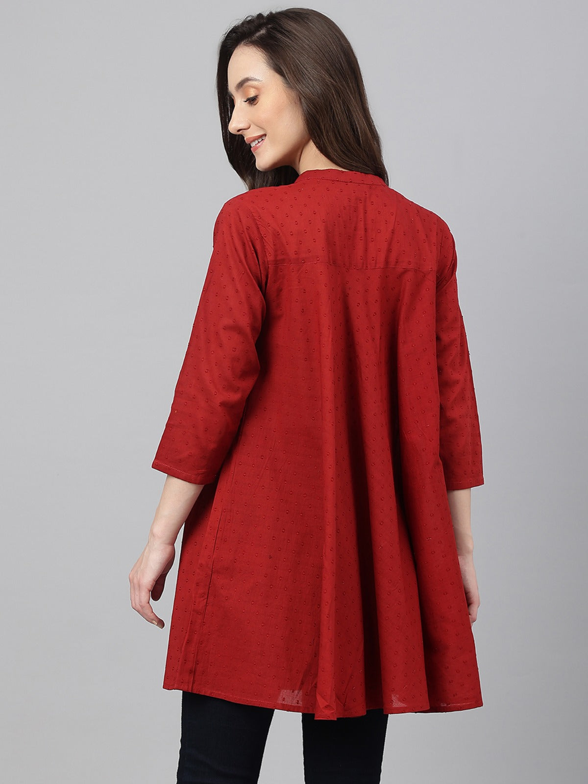 Women's Maroon Dobby Cotton Solid A-Line Tunic