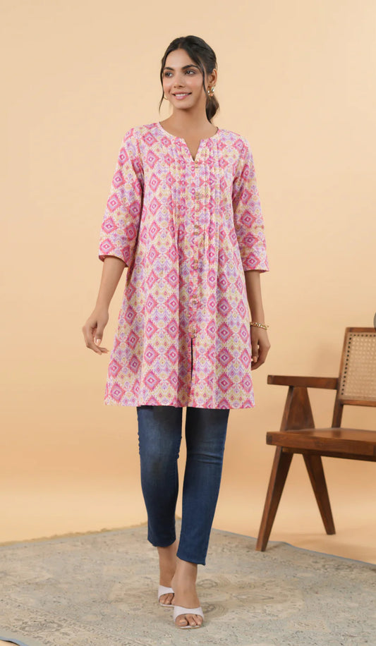 Pink Cotton Ikkat Pleated Tunic