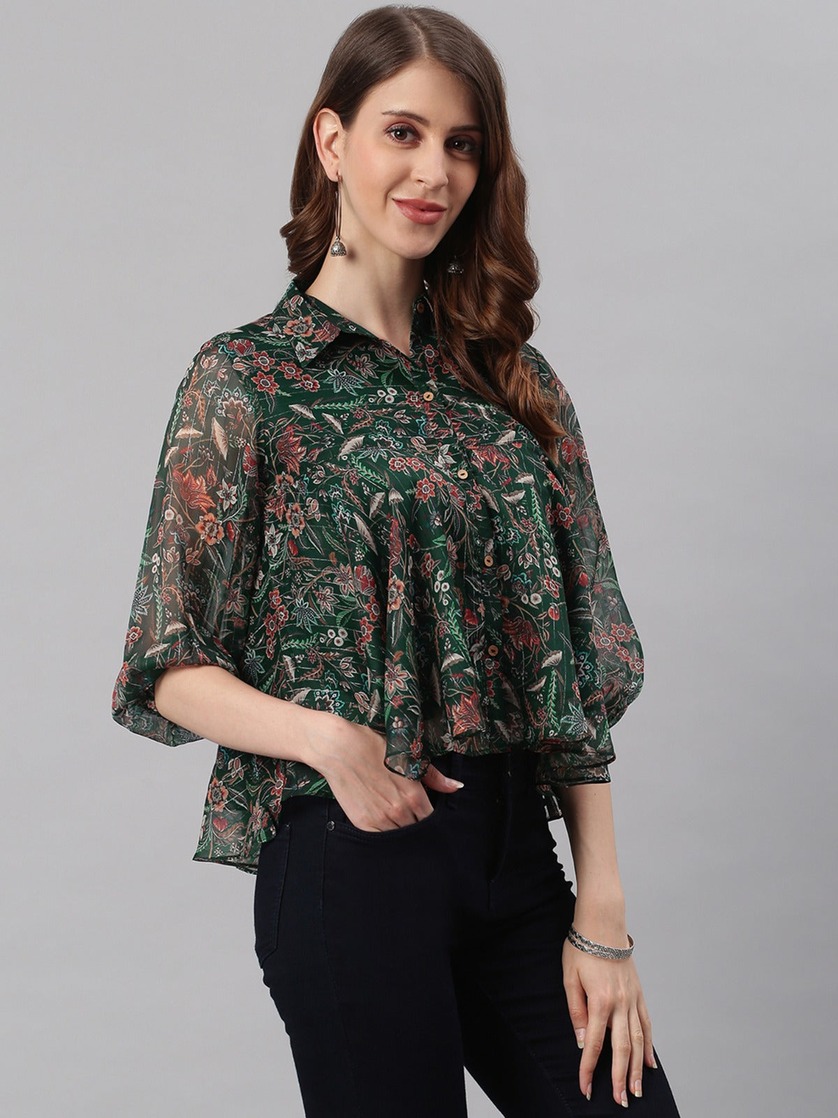 Women's Green Poly Georgette Floral Print Regular Top