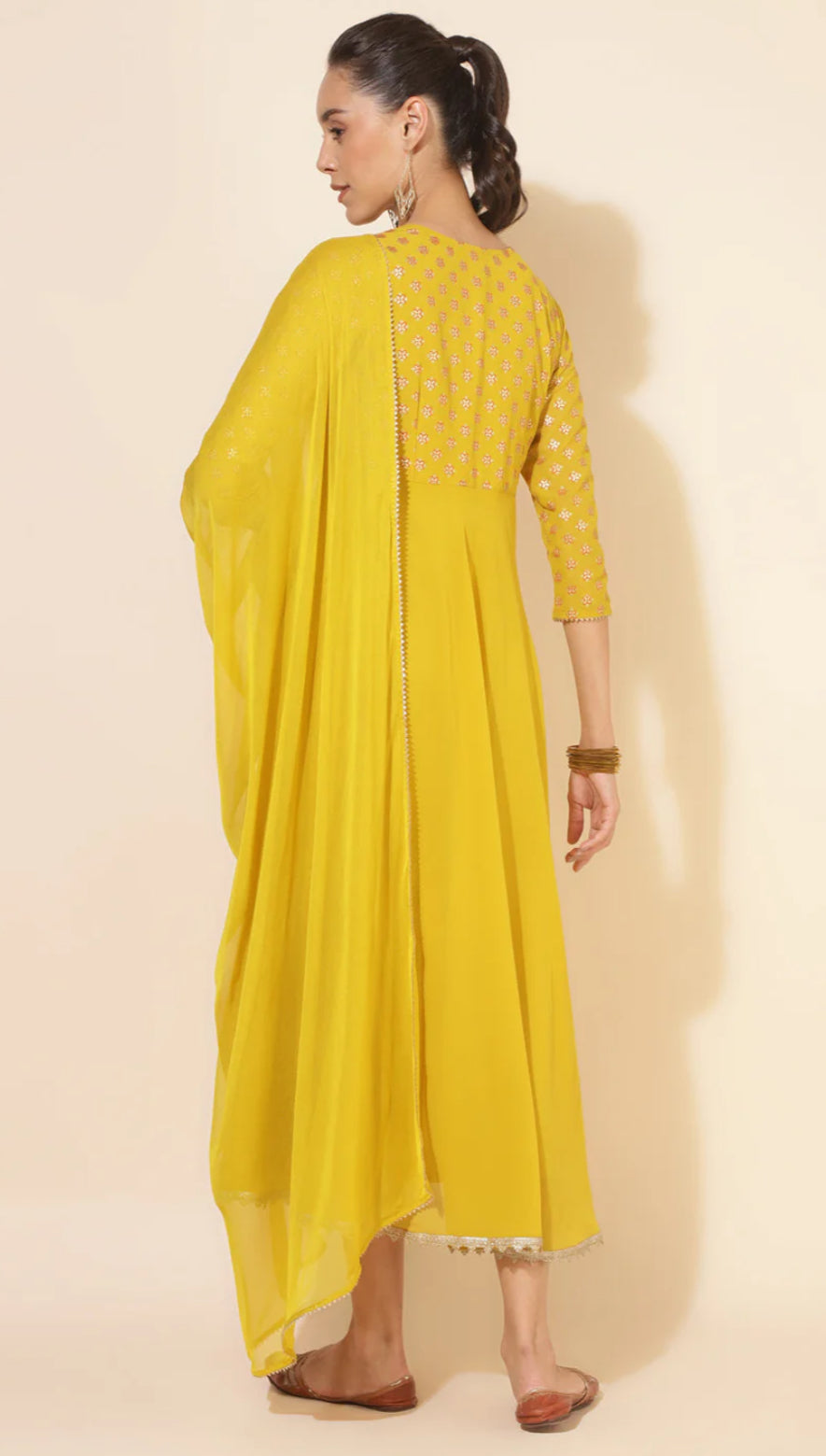 Yellow Georgette Foil Printed Kurta and Dupatta