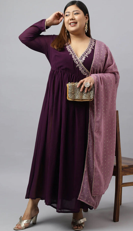 Wine Georgette Embellished Kurta with Dupatta