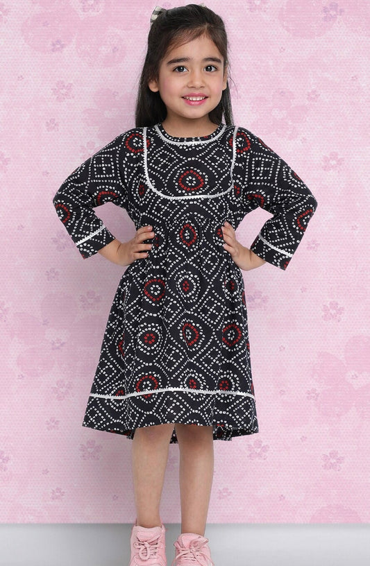Girls Black Ethnic Print Pure Cotton Fit & Flare Dress Indo-Silae