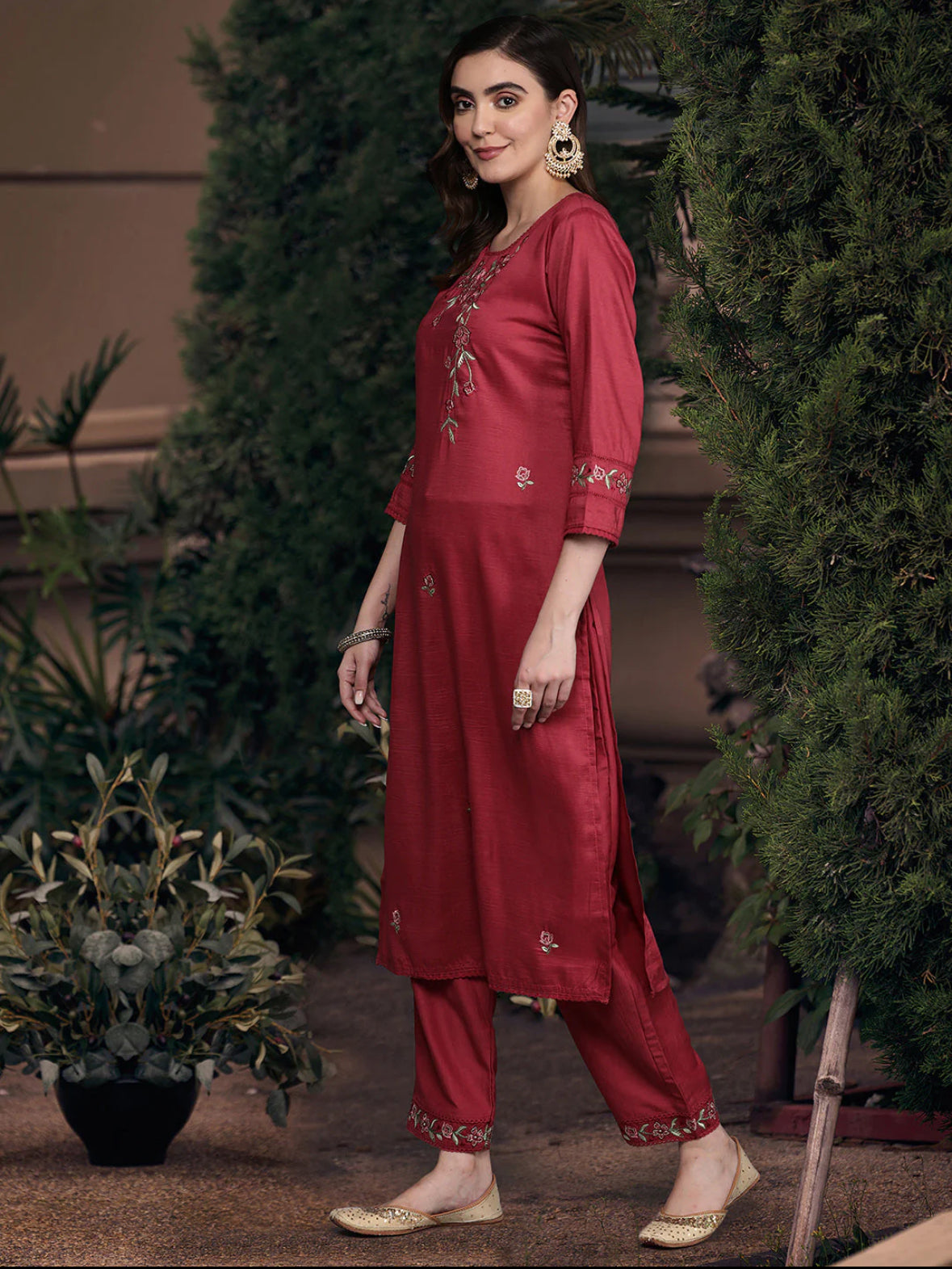 Maroon Floral Embroidered Thread Work Kurta with Trousers & Dupatta