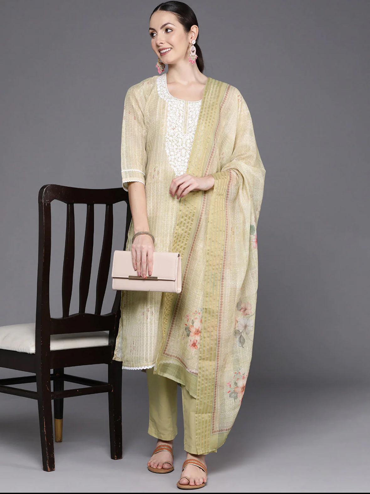 Cream Floral Embroidered Regular Thread Work Linen Kurta with Trousers & Dupatta
