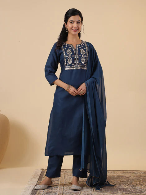 Teal Cotton Blend Yoke Embroidery Straight Kurta Set