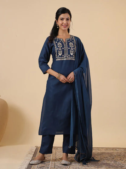 Teal Cotton Blend Yoke Embroidery Straight Kurta Set
