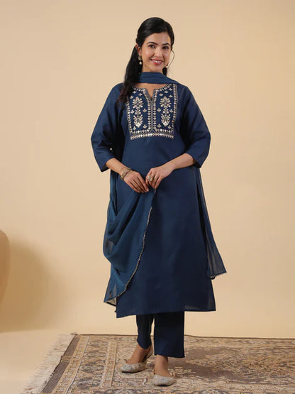 Teal Cotton Blend Yoke Embroidery Straight Kurta Set