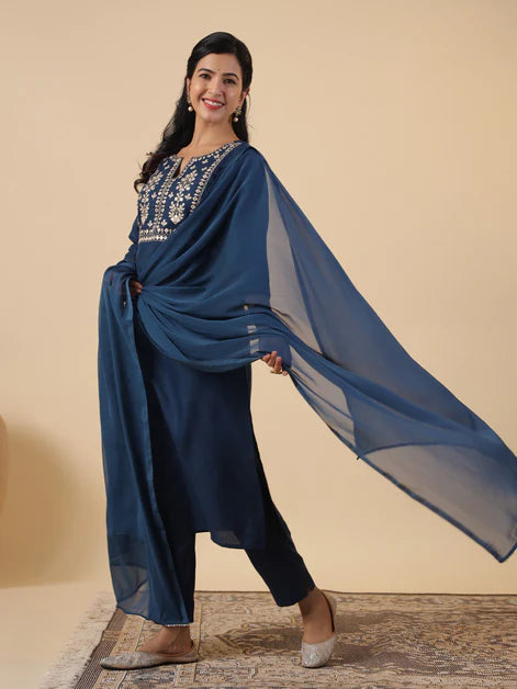 Teal Cotton Blend Yoke Embroidery Straight Kurta Set