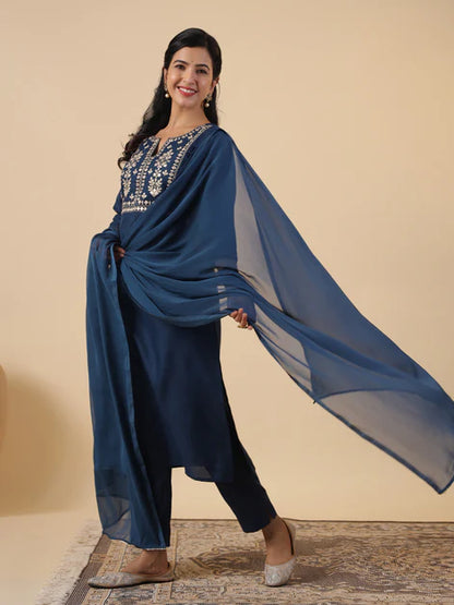 Teal Cotton Blend Yoke Embroidery Straight Kurta Set