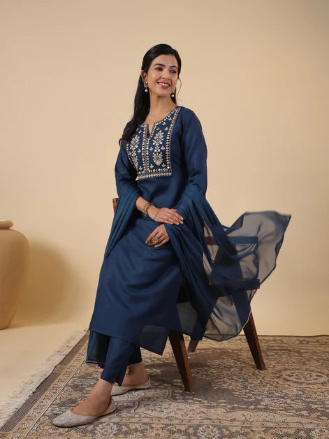 Teal Cotton Blend Yoke Embroidery Straight Kurta Set