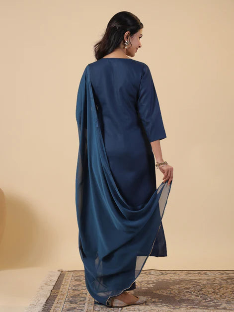 Teal Cotton Blend Yoke Embroidery Straight Kurta Set