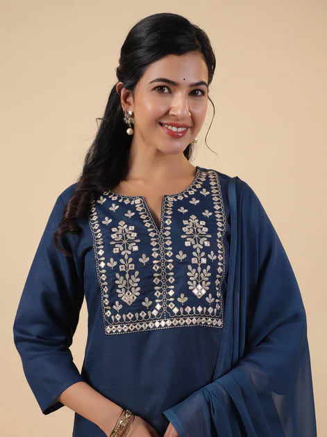 Teal Cotton Blend Yoke Embroidery Straight Kurta Set