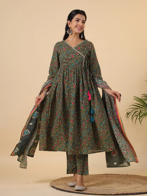 Green Cotton Blend Ethnic Motifs Angrakha Kurta Set