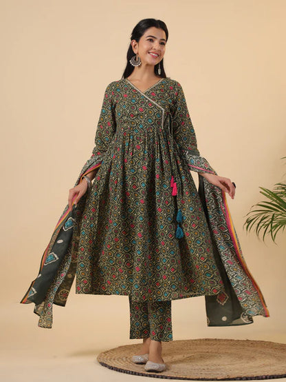 Green Cotton Blend Ethnic Motifs Angrakha Kurta Set