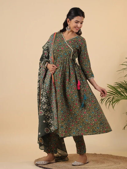 Green Cotton Blend Ethnic Motifs Angrakha Kurta Set