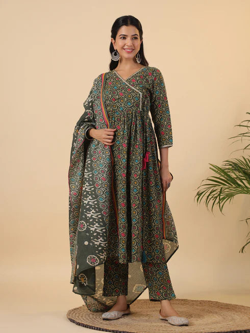 Green Cotton Blend Ethnic Motifs Angrakha Kurta Set
