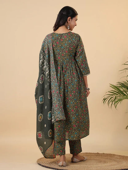 Green Cotton Blend Ethnic Motifs Angrakha Kurta Set