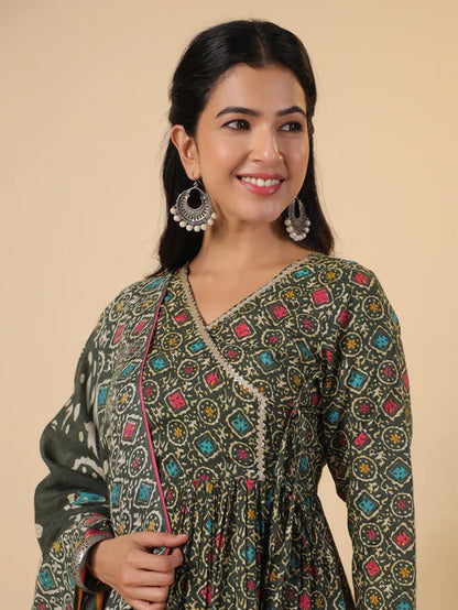 Green Cotton Blend Ethnic Motifs Angrakha Kurta Set