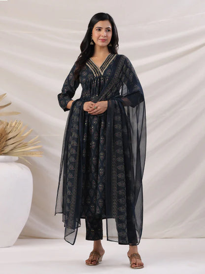 Teal Viscose Blend Ethnic Motifs Gathered Kurta Set