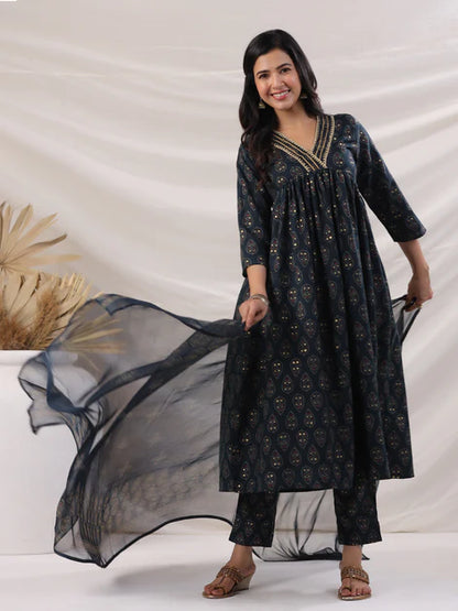 Teal Viscose Blend Ethnic Motifs Gathered Kurta Set